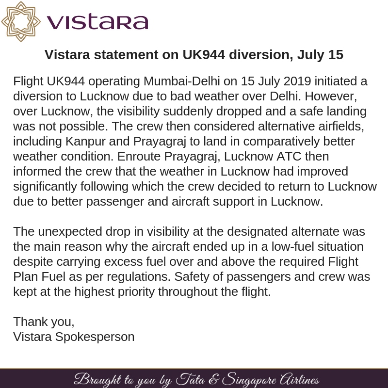 Vistara航空關(guān)于UK944航班聲明