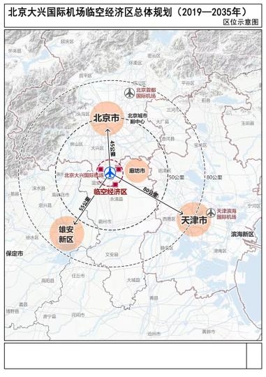 25日，《北京大興國(guó)際機(jī)場(chǎng)臨空經(jīng)濟(jì)區(qū)總體規(guī)劃(2019—2035年)》正式批復(fù)實(shí)施。圖為《臨空經(jīng)濟(jì)區(qū)總體規(guī)劃》區(qū)位示意圖。　陳杭