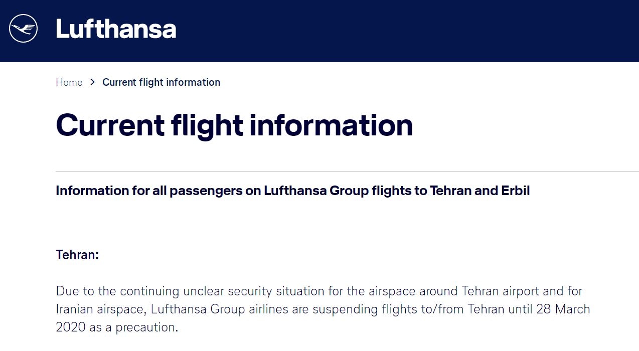 漢莎航空將停飛德黑蘭航線至3月28日