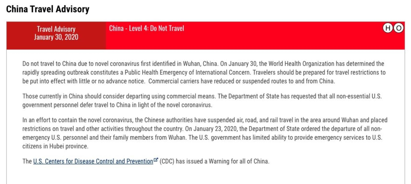 美國將中國旅游警告升至最高級別