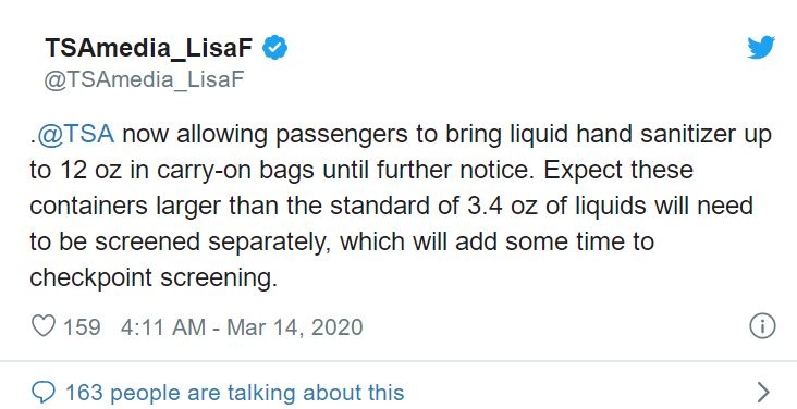 美國TSA：疫情期間旅客可攜帶不超過354毫升的洗手液