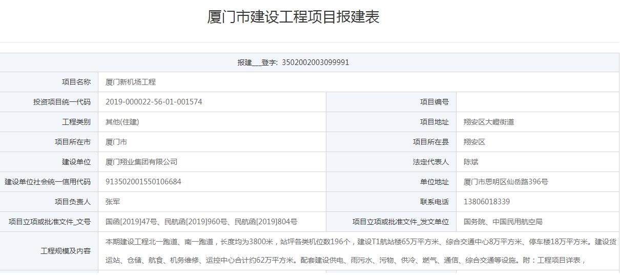 廈門新機場報建公布 總投資392億將建雙跑道