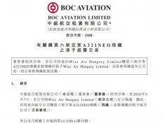 中銀航空租賃與威茲航空簽訂6架空客A321NEO飛機購機回租協(xié)議