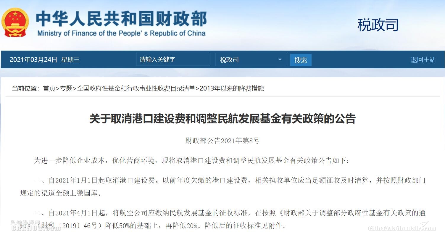 財政部：4月1日起 民航發(fā)展基金征收標準再降20%